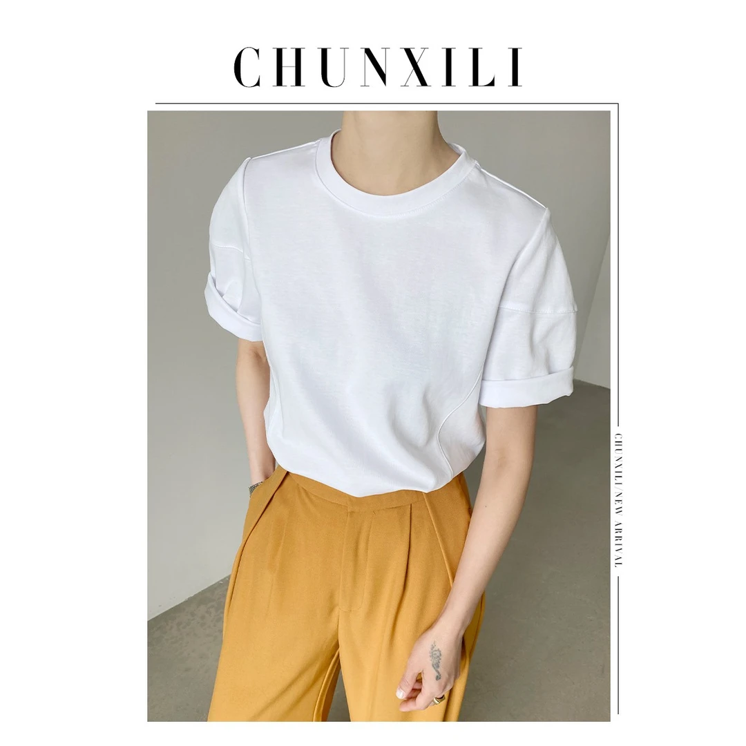 【超模T】CHUNXILI/立体分割袖T恤纯色圆领透气短袖上衣S23074
