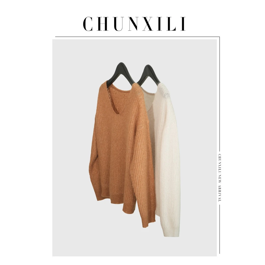 CHUNXILI/马海毛毛织上衣 秋季V领气质慵懒风毛衣简约上衣M23052