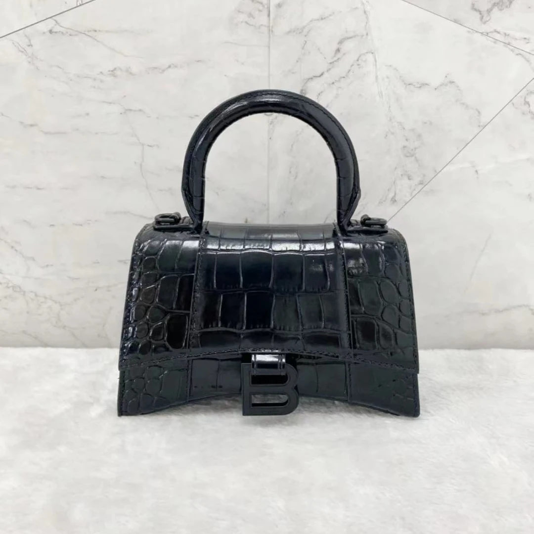 99新 Balenciaga/巴黎世家 黑扣鳄鱼纹牛皮沙漏包手提单肩斜挎包