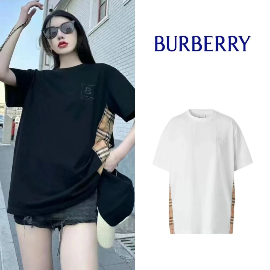 99新 BURBERRY/博柏利 FW22 格纹拼接圆领宽松短袖T恤衫百搭女款