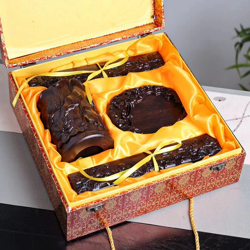 黑檀木荷花文房四宝礼盒实木书房中式套装组合办公桌工艺品摆件