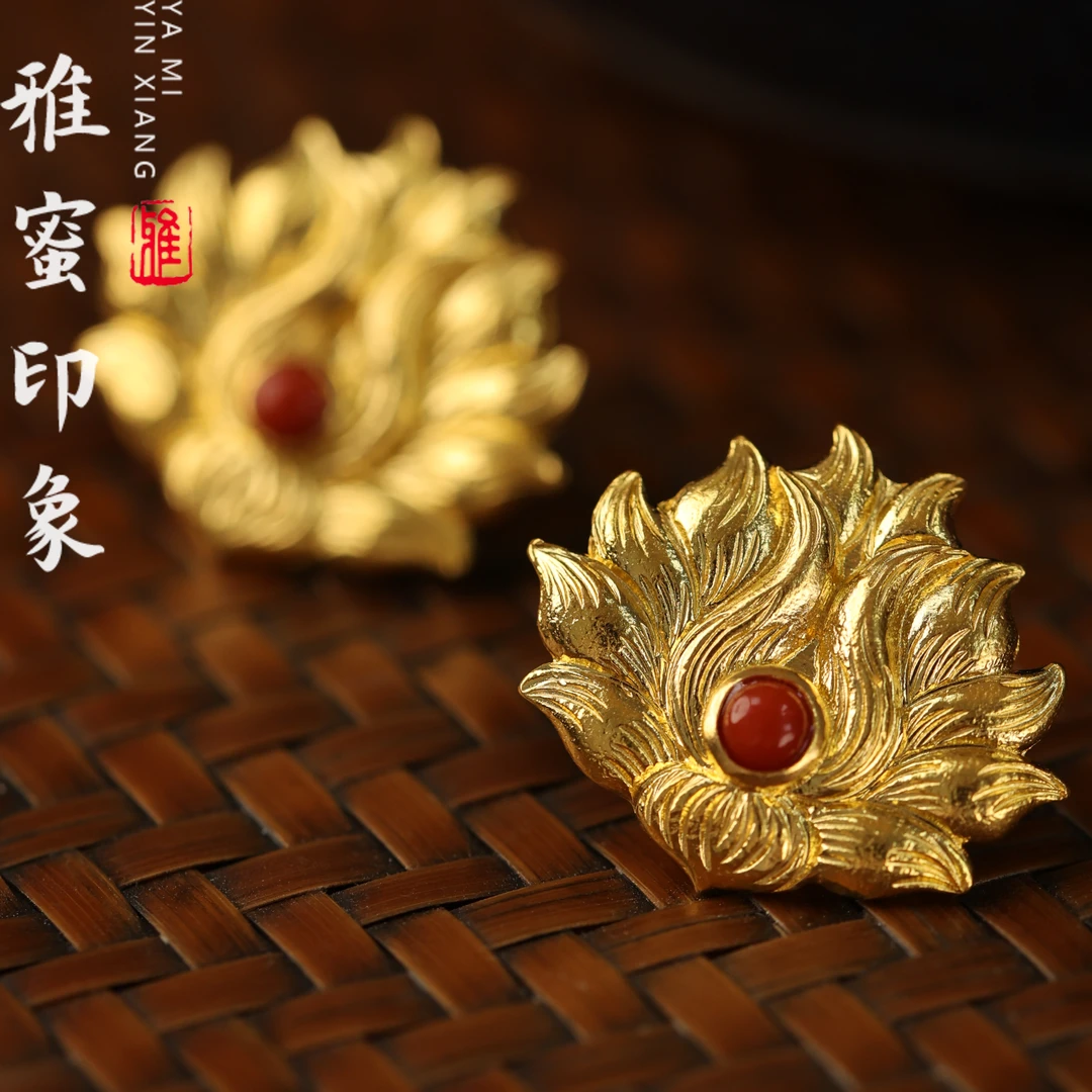【雅蜜印象】手工黄金錾刻足金黄金高端订制八宝红莲南红国风耳饰