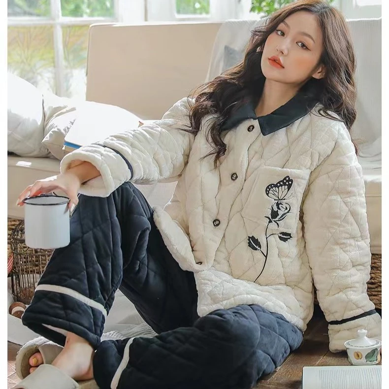夹棉睡衣冬季女2023年新款三层棉袄加厚加绒保暖家居服套装秋冬季