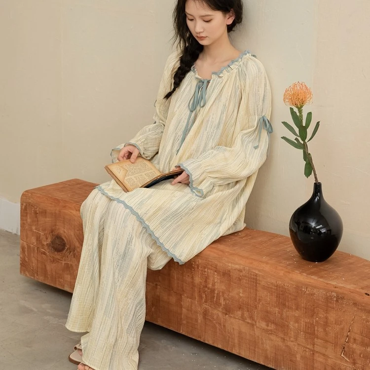 族玛士婴儿纯棉纱布春夏宽松薄款睡衣女家居服可外穿大码长袖套装