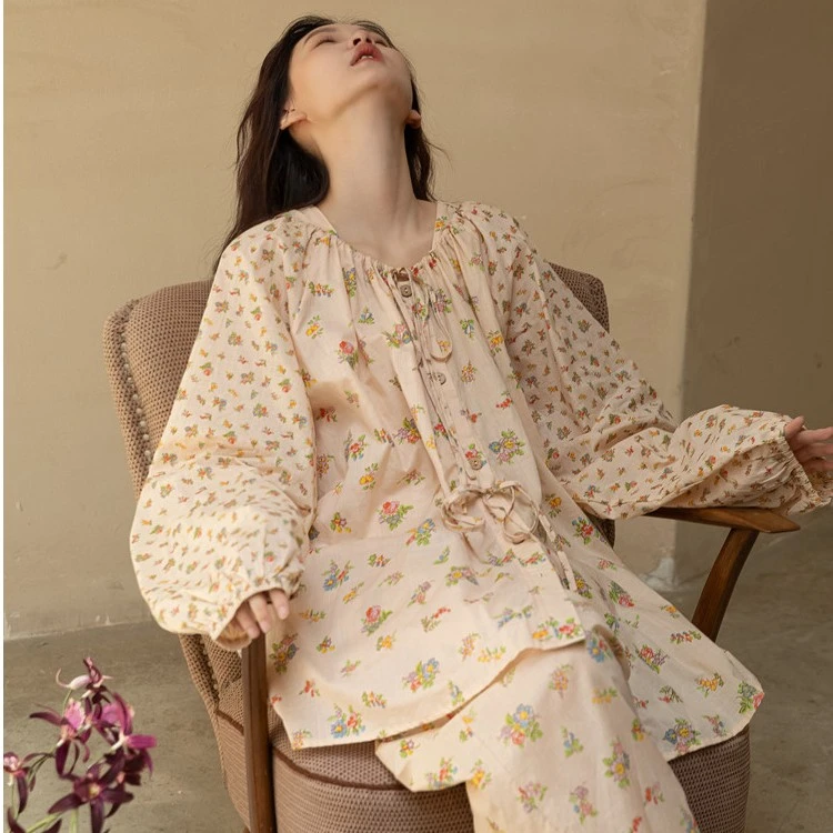族玛士春秋薄款碎花梭织棉系带长袖长裤睡衣女大码家居服套装时尚