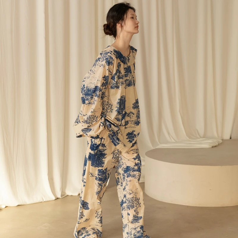族玛士春夏季睡衣女套装长袖长裤纯棉碎花大码夏天薄款宽松家居服