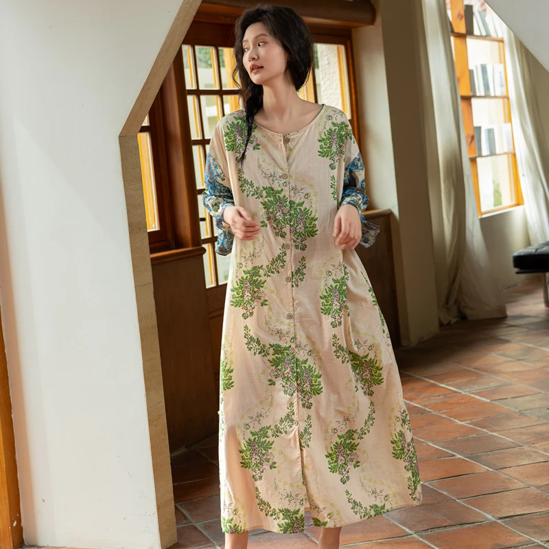 族玛士纯棉睡裙女七分袖长裙春夏季薄款夏天可外穿碎花睡衣家居服