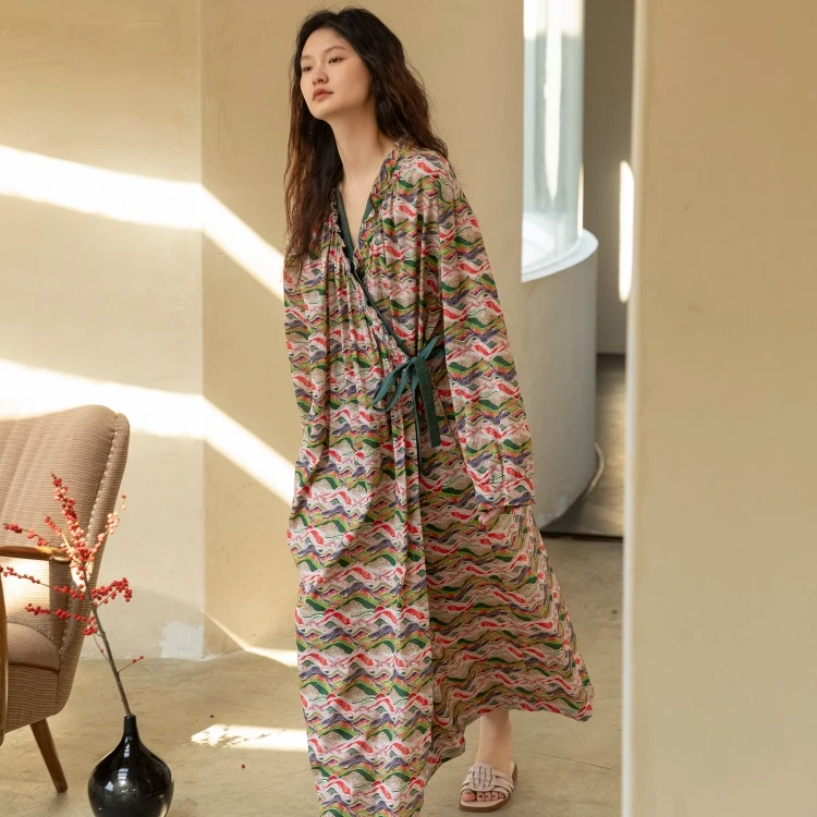 族玛士春夏季睡衣女士薄款斜襟纯棉睡袍浴袍晨袍夏天家居服可外穿