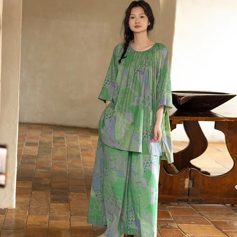 族玛士春夏季纯棉睡衣女中袖绿色薄款家居服宽松大码裙裤套装夏天