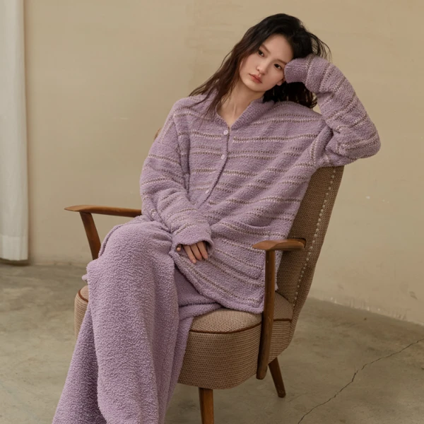 睡衣女珊瑚绒新款半边绒毛衣紫色秋冬季加厚保暖可外出家居服套装