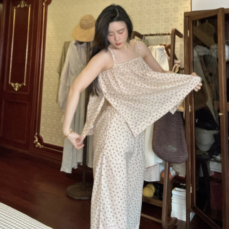 族玛士夏季碎花时尚竹节棉梭织宽松睡衣女长袖长裤三件套薄款纯棉