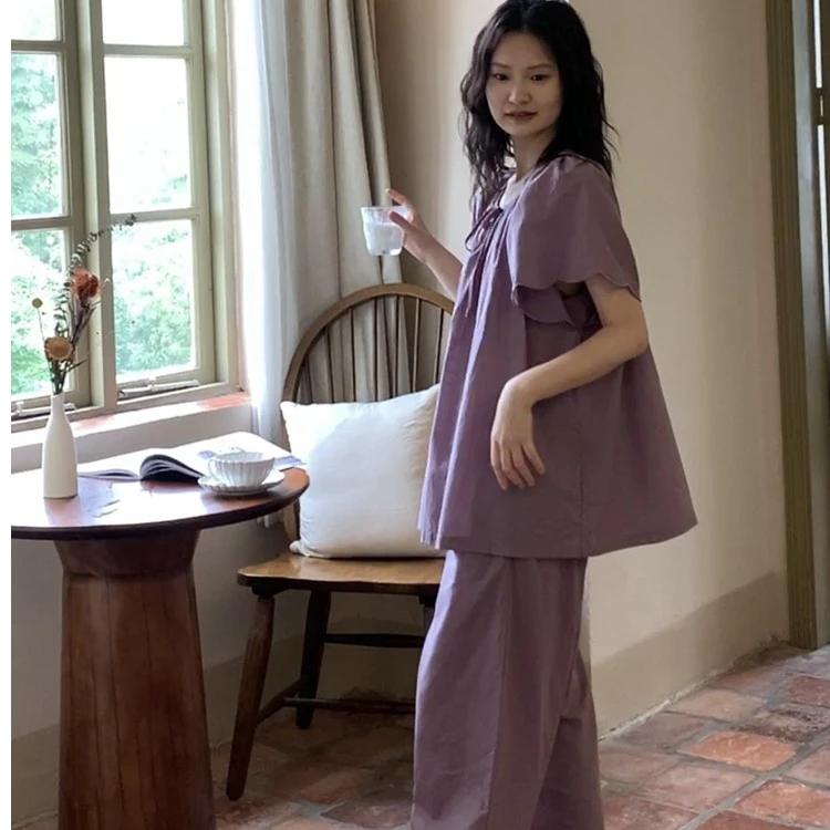 族玛士夏季纯棉睡衣女士短袖长裤套装宽松紫色家居服春夏设计感
