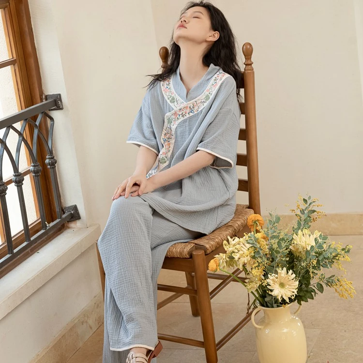 族玛士睡衣女夏天薄款刺绣短袖新中式纱布棉家居服套装中国风