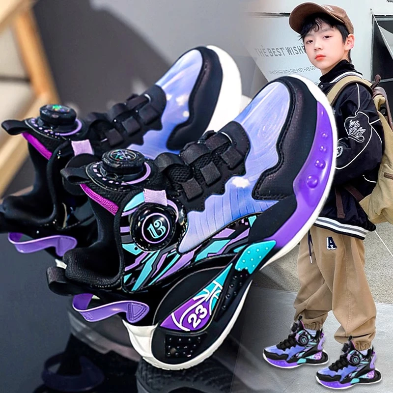 鸿尔星童克儿童篮球鞋秋冬新款儿童加绒运动鞋男孩皮面旋钮老爹鞋