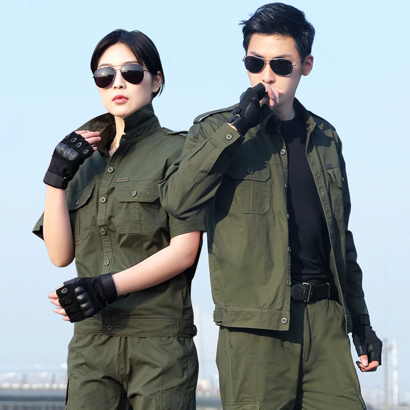 夏季棉质户外绿色套装工作休闲薄款劳保服男透气耐磨干活耐脏短袖