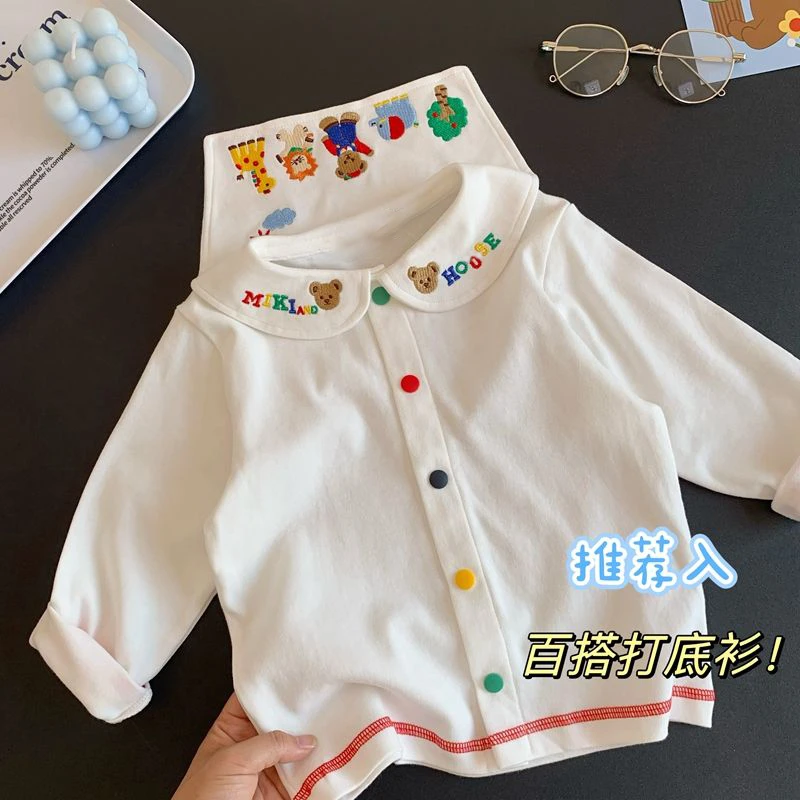 新款棉长袖t打底衫!儿童宝宝可爱卡通刺绣翻领衬衣上衣T恤潮