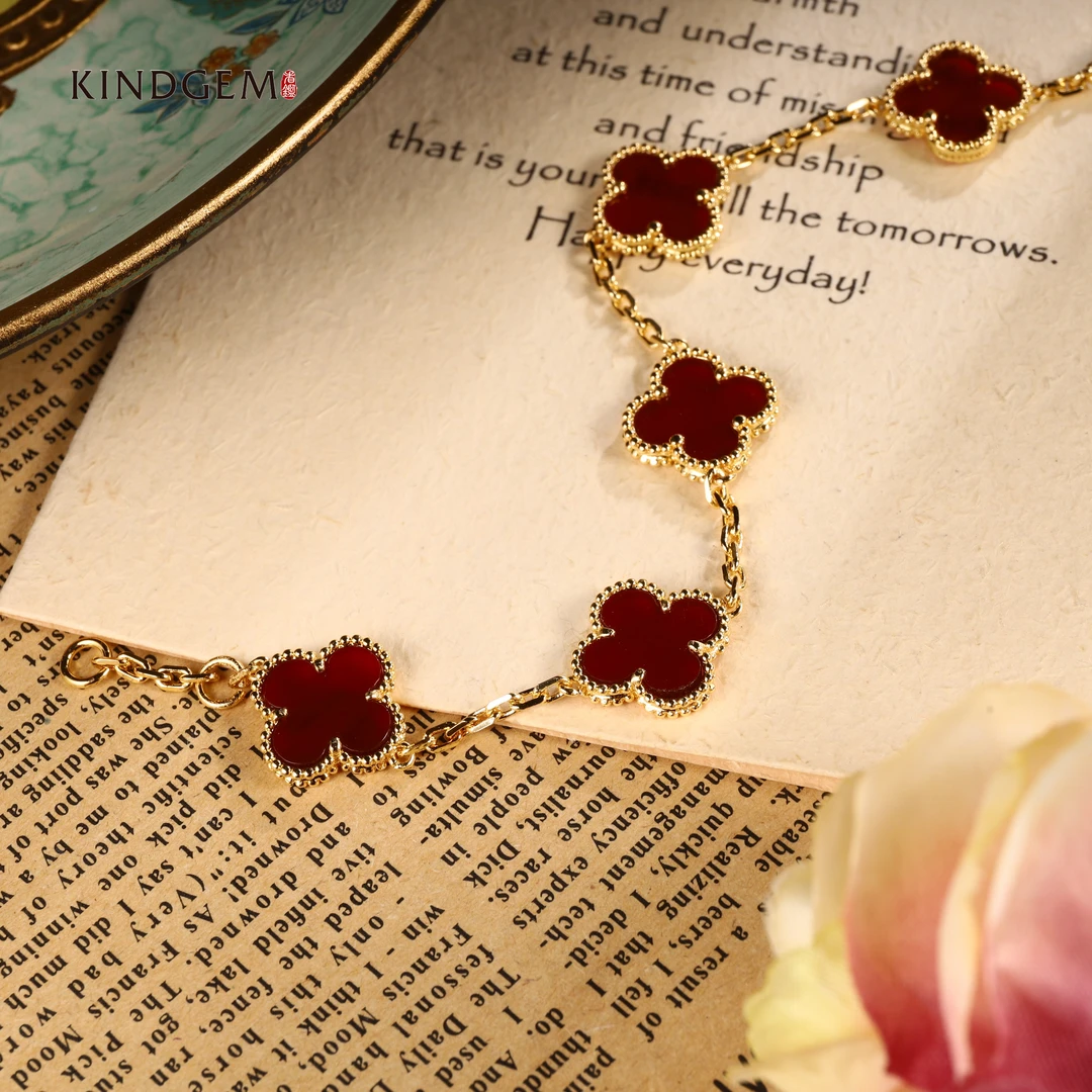 铜合金手链 红金拼色经典款幸运四叶草气质镶嵌手链 C-29153