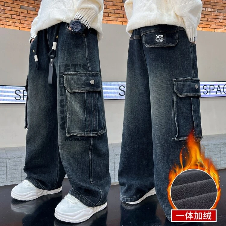 男童加绒牛仔裤冬装2024新款大童酷帅男孩秋冬季一体绒工装裤子潮