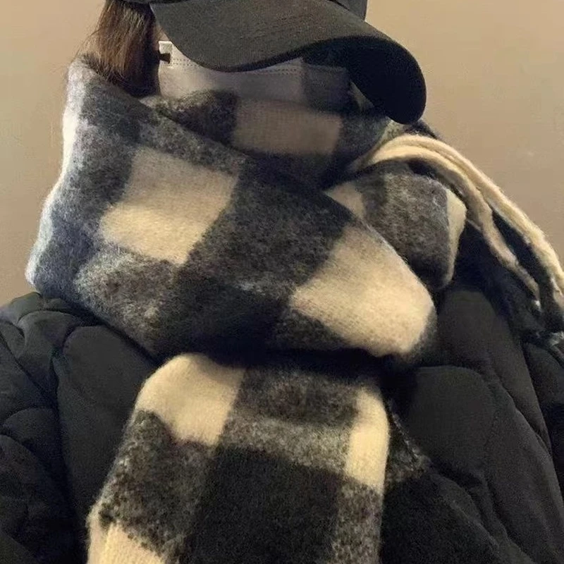 YSX同款马海毛蓝色格子围巾女冬季2024新款男款秋冬氛围感围脖男