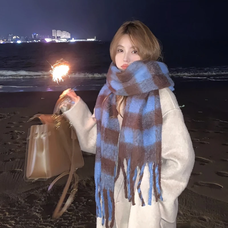 蓝咖格子围巾女冬季新款百搭加厚保暖情侣围脖学生保暖围脖格纹