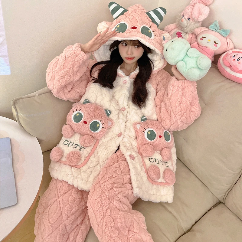 省服夹棉睡衣女2024新款秋冬季加绒加厚卡通可爱连帽家居服可外穿