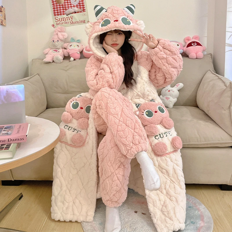 加绒加厚三层夹棉睡衣女2024新款冬季可爱家居服可外穿两件套睡袍