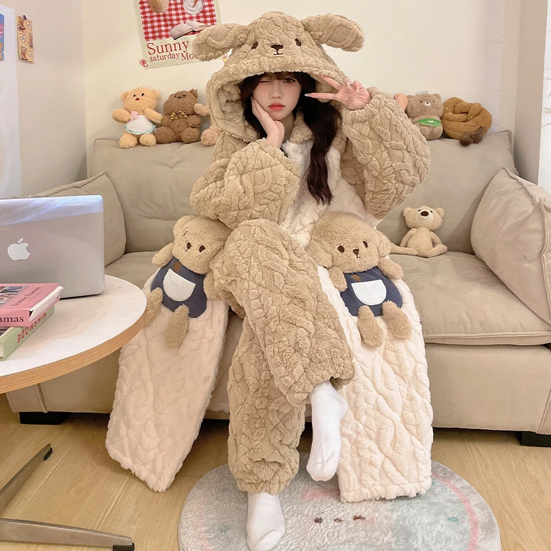 省服2024新款三层夹棉睡衣女加绒加厚可爱家居服可外穿两件套睡袍