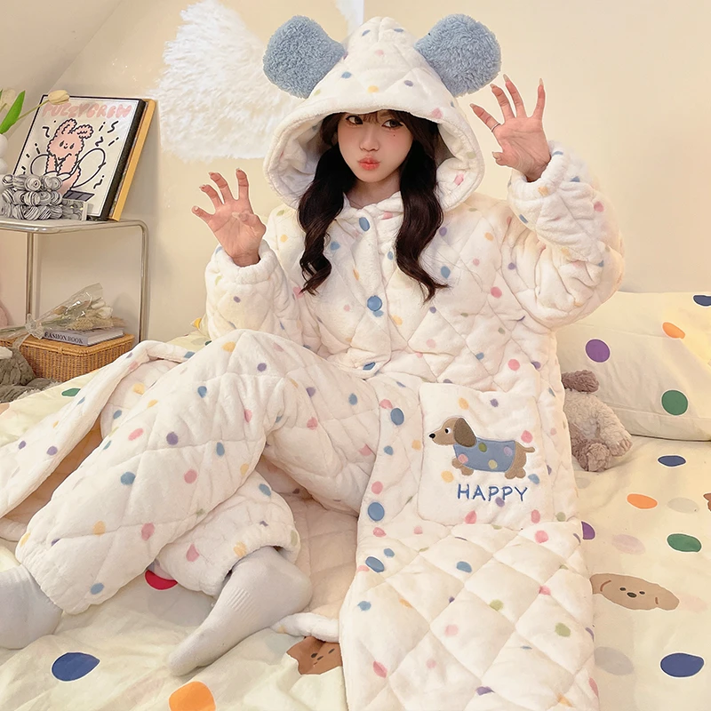 冬季加绒加厚三层夹棉2024新款睡衣女可爱家居服可外穿两件套睡袍