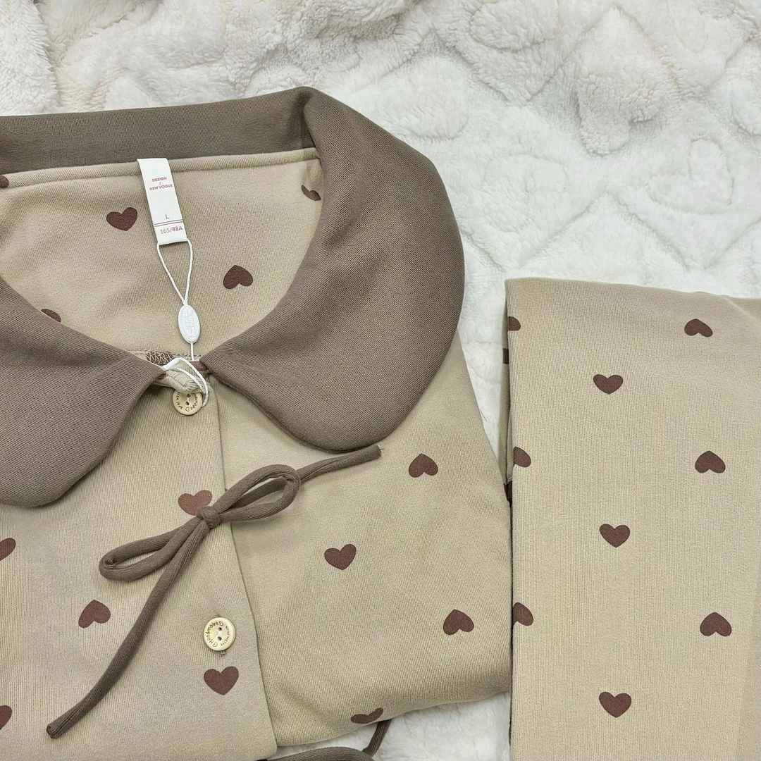 【棕色爱心】2024德绒睡衣女春秋可外穿长袖大码开衫宽松舒适家居服