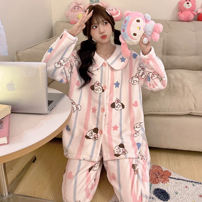 2024秋冬法兰绒甜美长袖睡衣女开衫大码加厚加绒秋冬季毛绒家居服