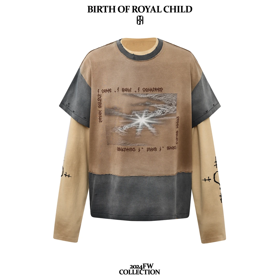 BIRTH OF ROYAL CHILD BORC 三件式破坏脏染长袖TEE拼接假两件