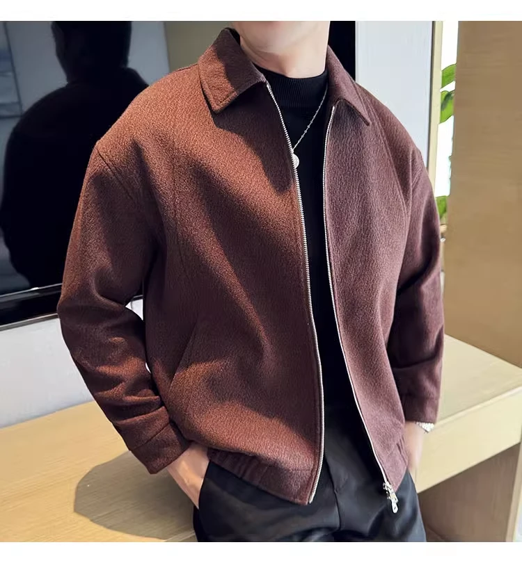 秋冬加厚羊毛呢子夹克男高级感翻领时尚外套黑色行政夹克7031