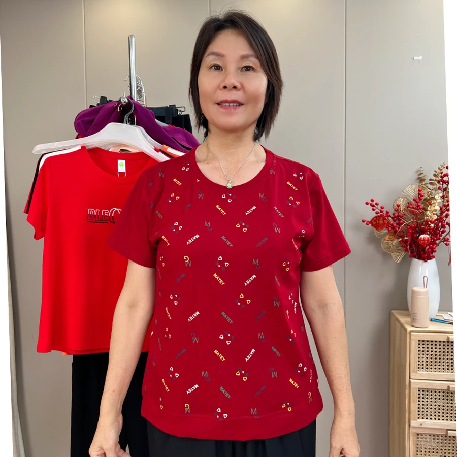中老年时尚气质短袖夏季新款妈妈装圆领短袖印花T恤衫