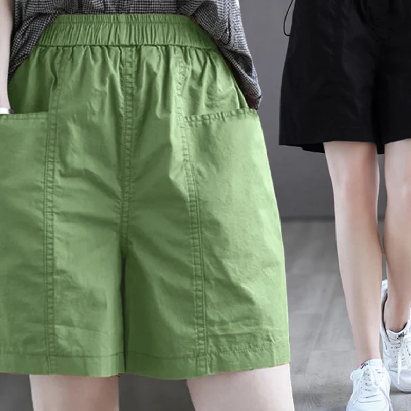 QIAONIMEI/俏妮美优质棉高腰休闲宽松大码短裤口袋夏阔腿五分裤女