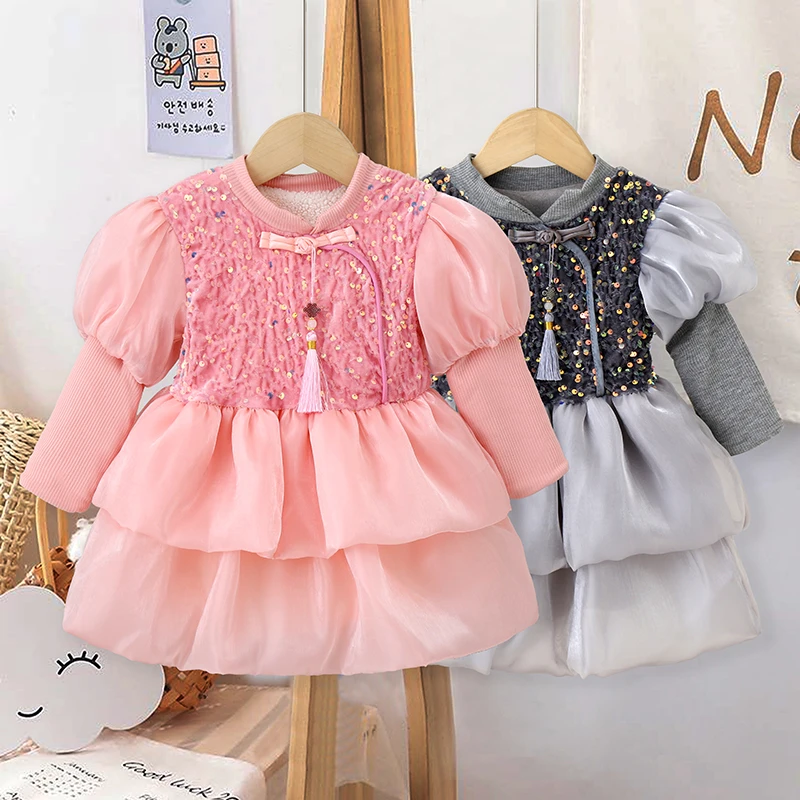 女童连衣裙冬季洋气周岁女宝宝礼服公主裙拜年服加绒加厚女宝裙子