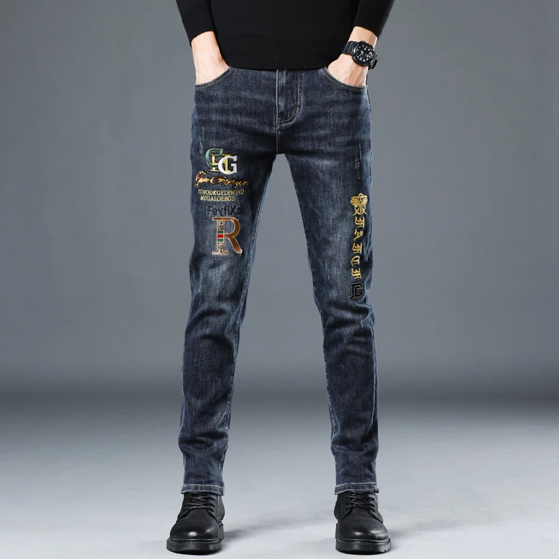 2025春秋高端潮牌刺绣牛仔裤男蓝色个性弹力修身直筒休闲百搭长裤