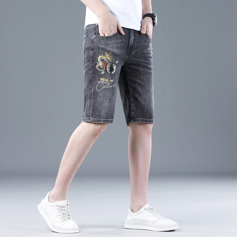 2024刺绣潮牌牛仔短裤男夏季高端新款弹力修身小脚休闲裤