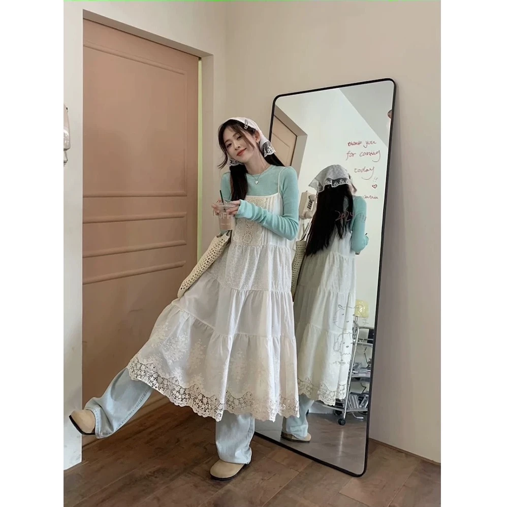 杏色罩衫裙法式长裙蕾丝显瘦气质长袖复古泡泡袖温柔时尚夏季小众