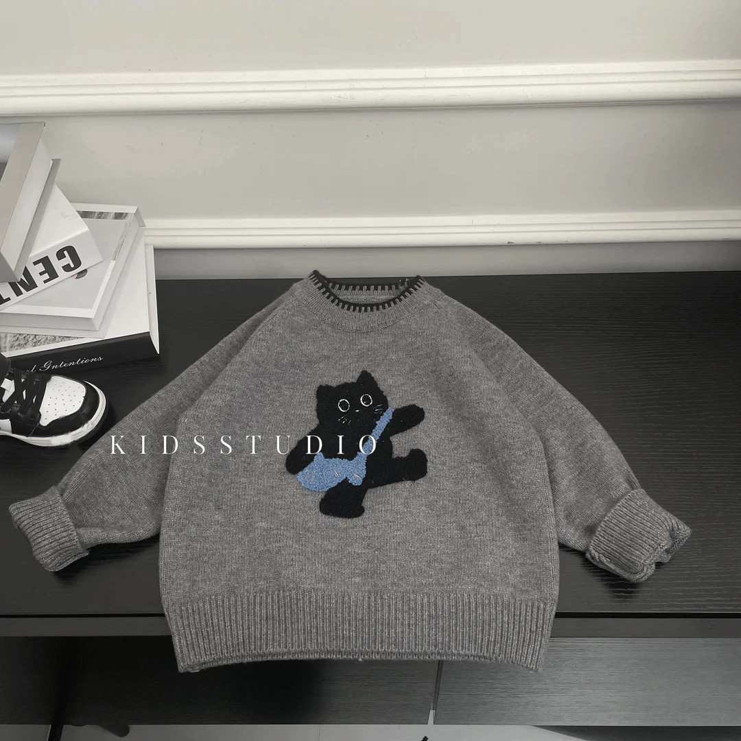 儿童毛衣2025新款秋冬季男女宝宝针织衫套头卡通圆领灰色上衣
