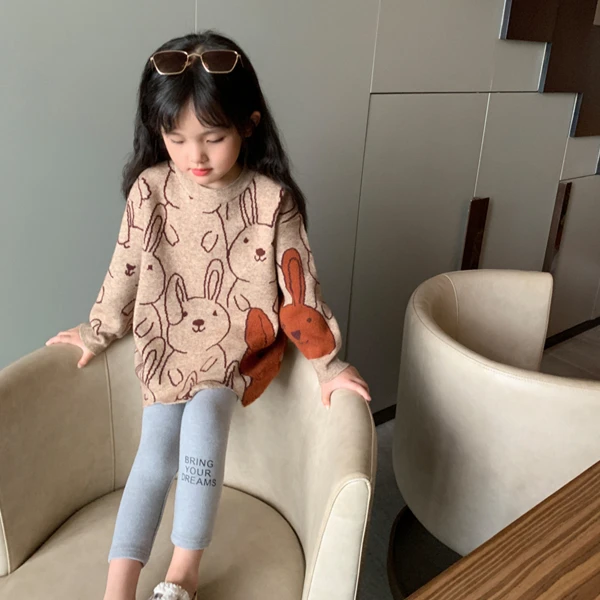 女童毛衣秋冬装2023新款儿童宝宝洋气卡通不规则针织时髦女孩上衣