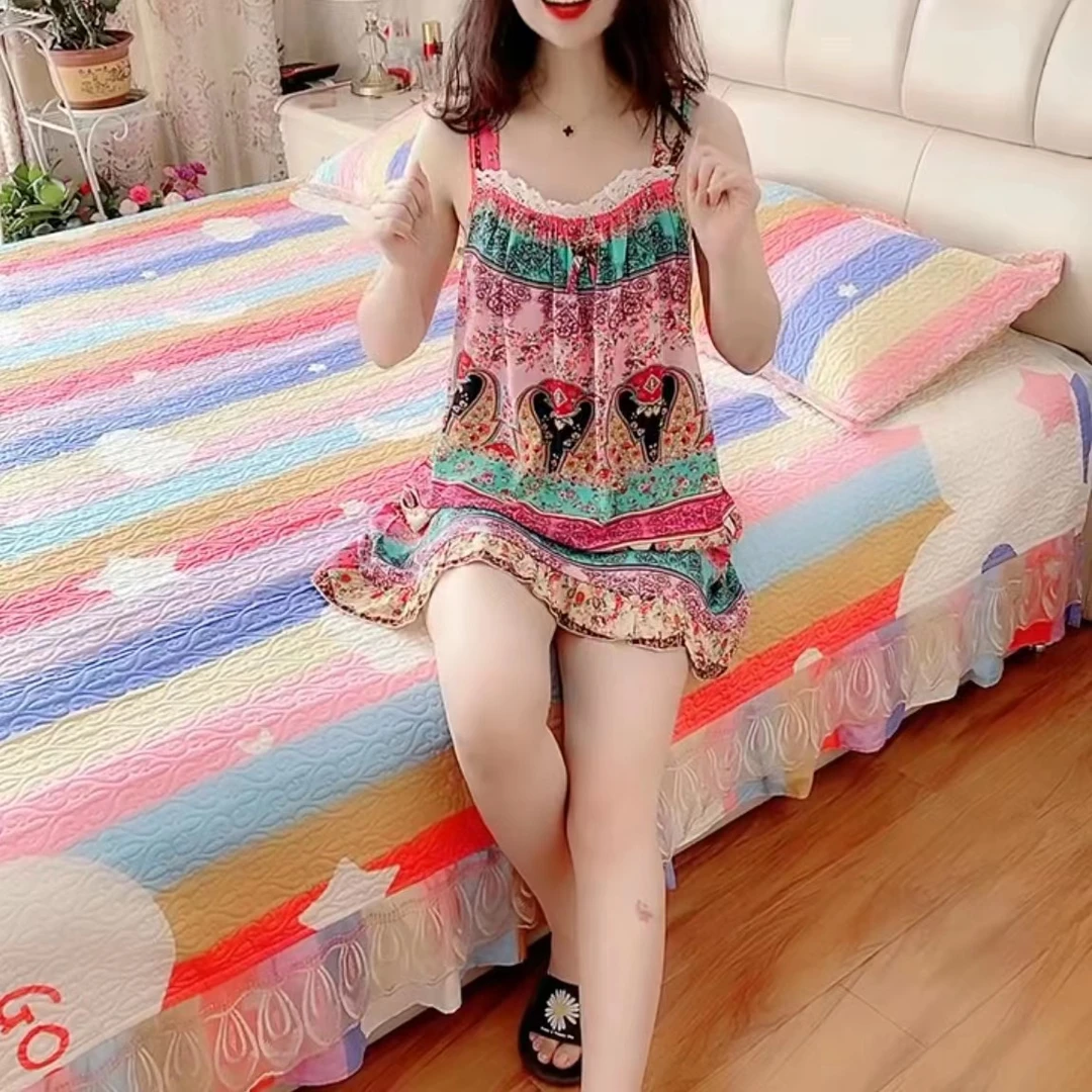 网红女士大码时尚睡裙家居服休闲宽松洋气印花无袖韩版睡衣7753