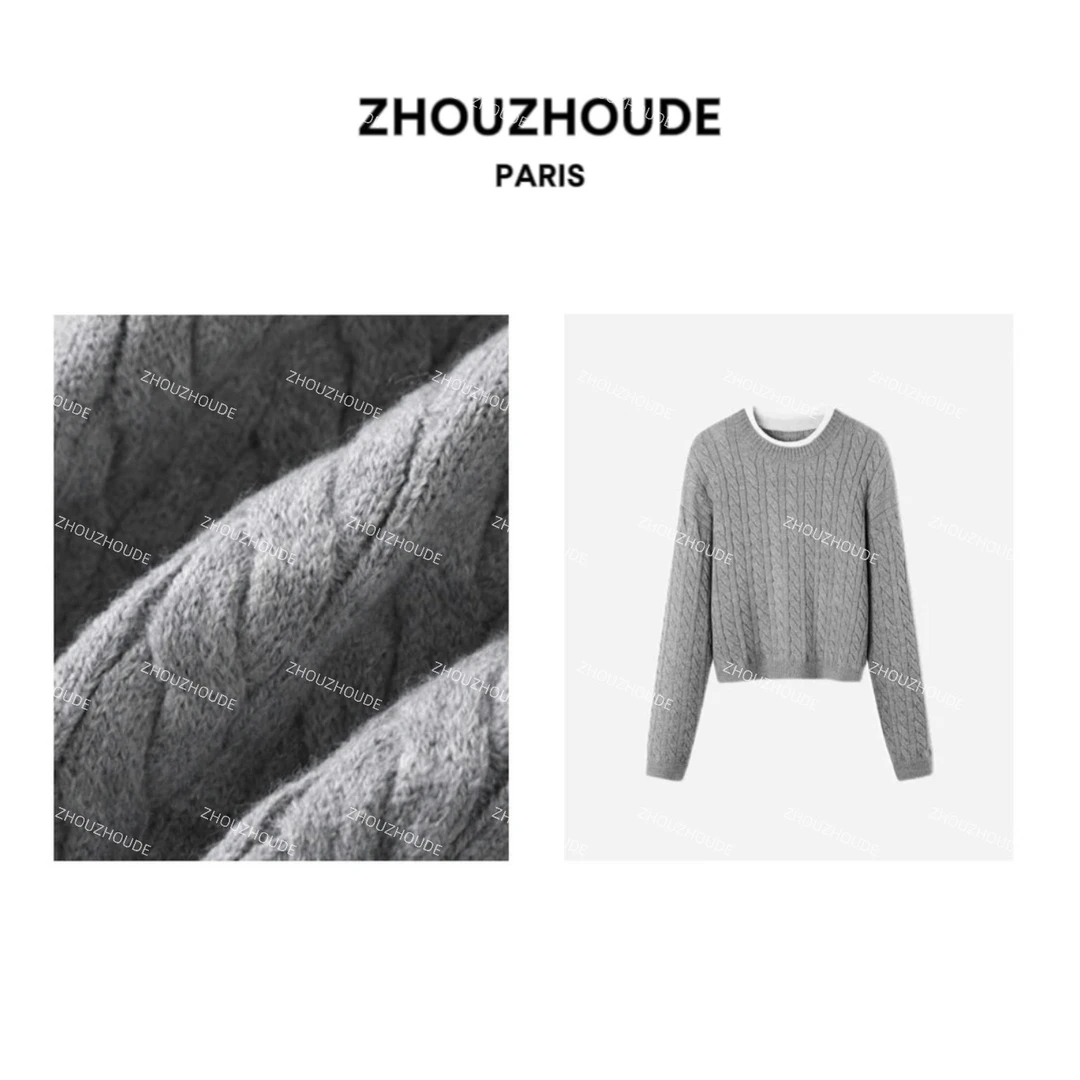 ZHOUZHOUDE【回归经典】刘雯同款圆领绞花假两件针织毛衣