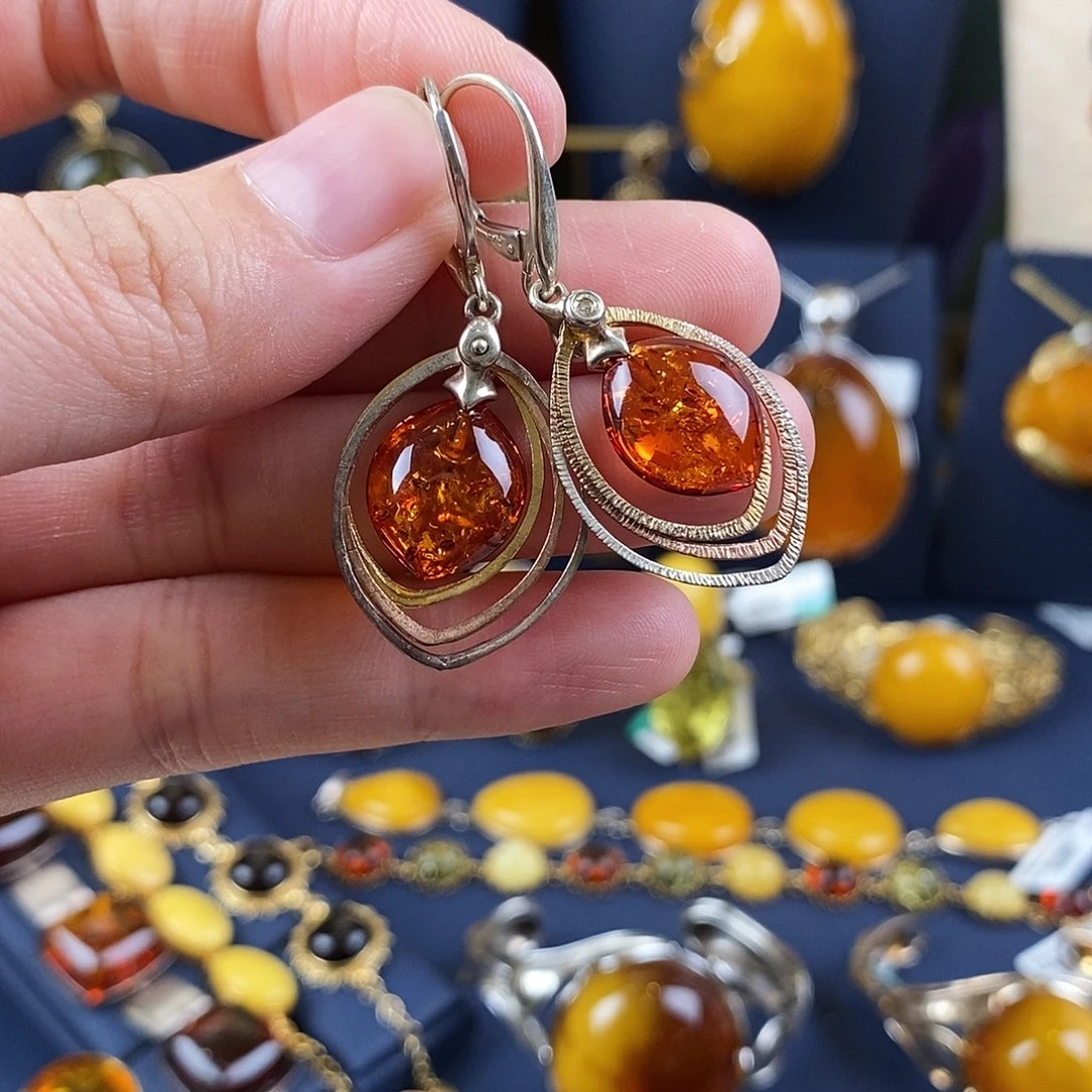 琥珀耳饰银S925镀金镶嵌