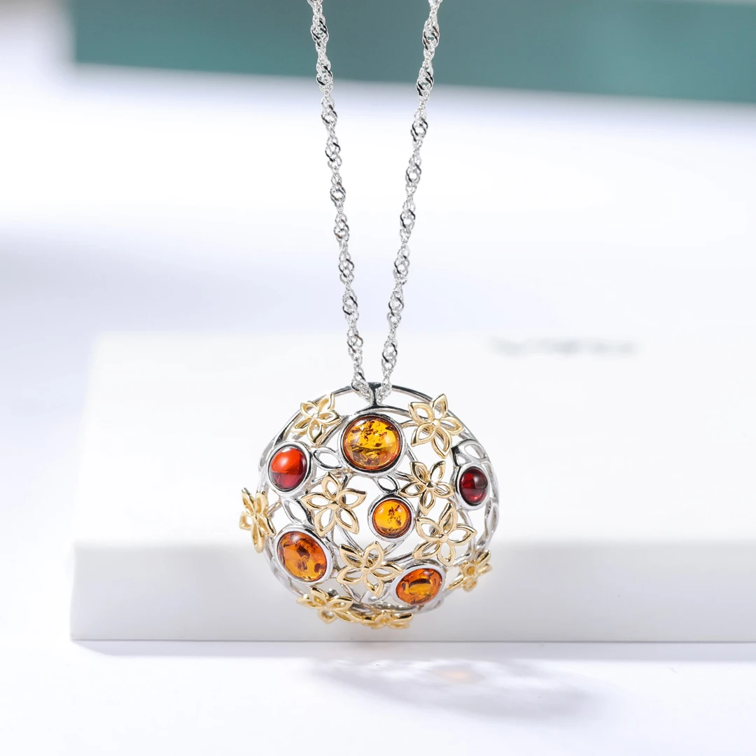 S&A天然琥珀S925银镶花漾款双色珀吊坠琥珀吊坠配银链民族风彩色