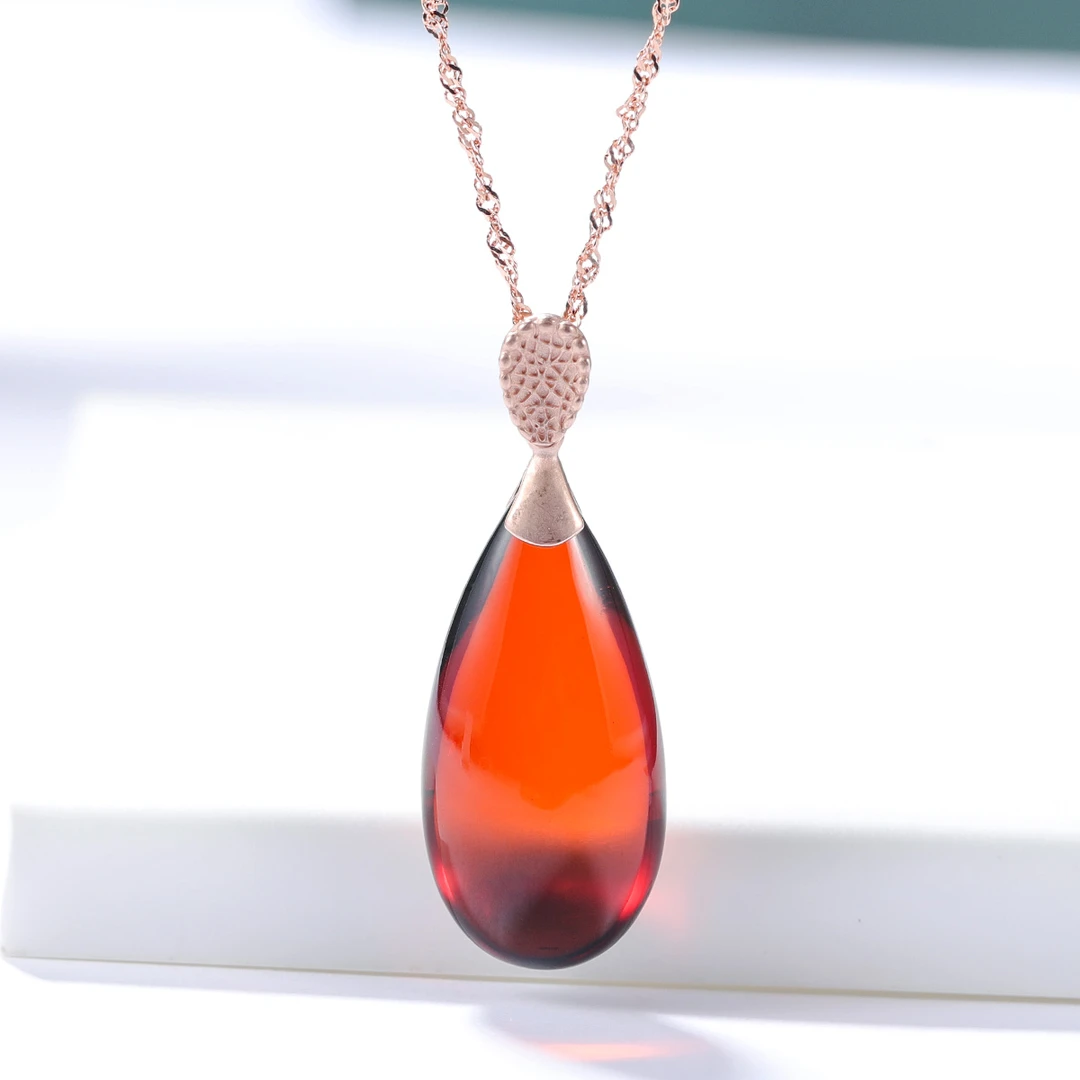 S&A天然琥珀蜜蜡吊坠S925银镶琥珀蜜蜡项链水滴款女款坠链百搭
