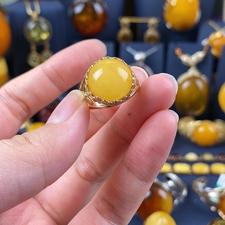 琥珀戒指银S925镀金镶嵌