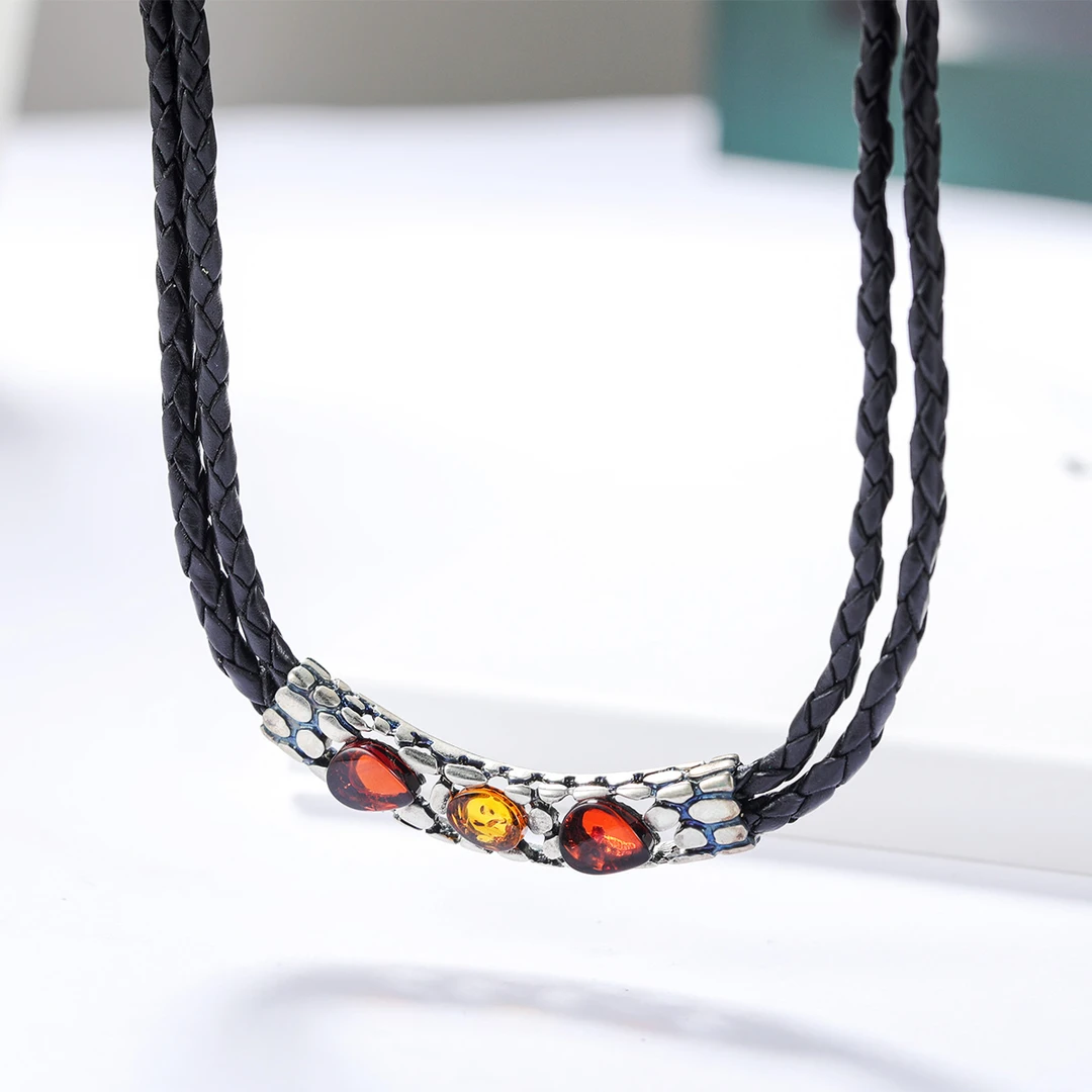 赛吉天然琥珀蜜蜡项链女时尚百搭S925银镶花珀项链彩色民族风