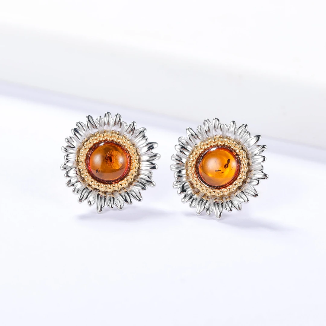 S&A欧式太阳花款琥珀耳钉S925银镶琥珀耳环火珀花珀耳钉小众复古