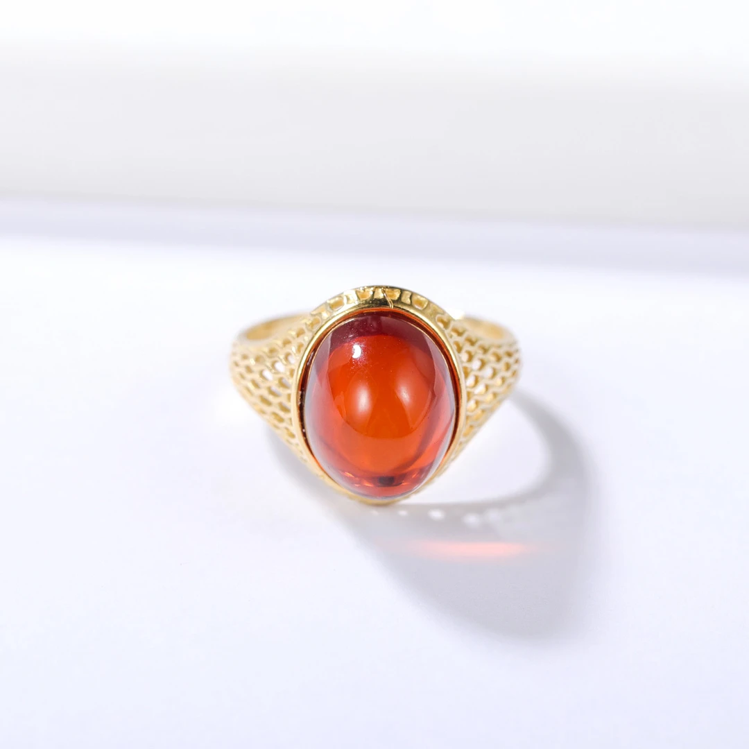 S&A天然琥珀蜜蜡欧式镂空女款S925银镶血珀戒指天然琥珀戒指女士