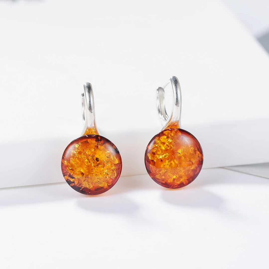 S&A赛吉天然琥珀耳环耳饰女时尚百搭S925银镶圆形琥珀耳坠火珀